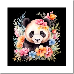 A panda bear decorated with beautiful watercolor flowers Posters and Art